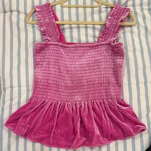 Anthropologie- Pink velour Smocked Peplum Top- M